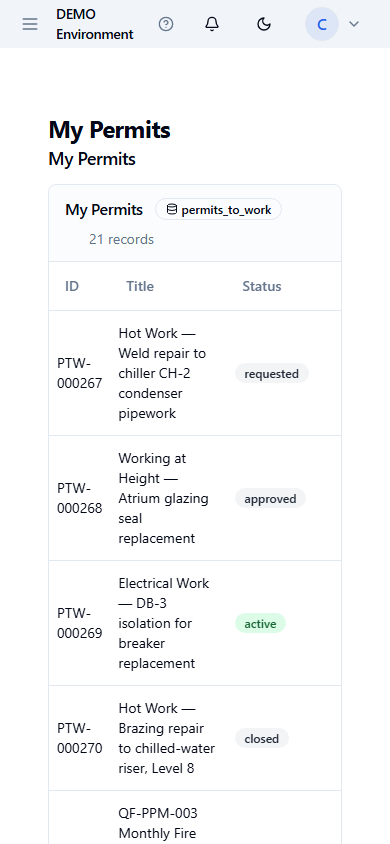Permit-to-Work list view on iPhone, showing status pills for requested, approved, active, and closed permits across multiple sites