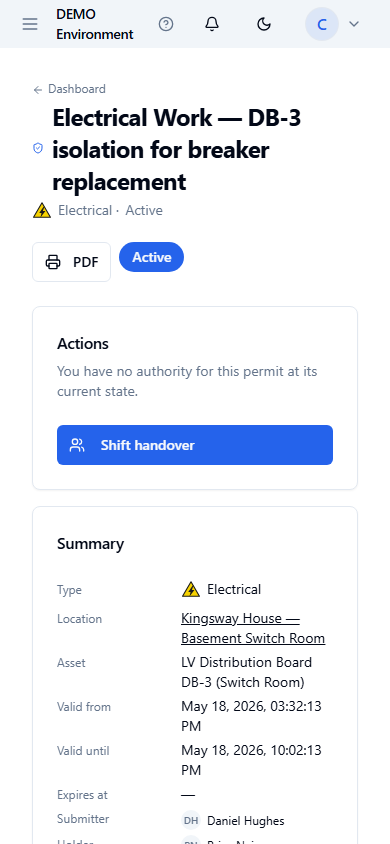 Single Permit-to-Work detail view on iPhone, with summary, sections, and engineer actions