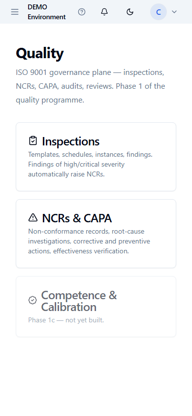Quality governance hub on iPhone, with Inspections, NCRs, and CAPA grouped as tappable cards