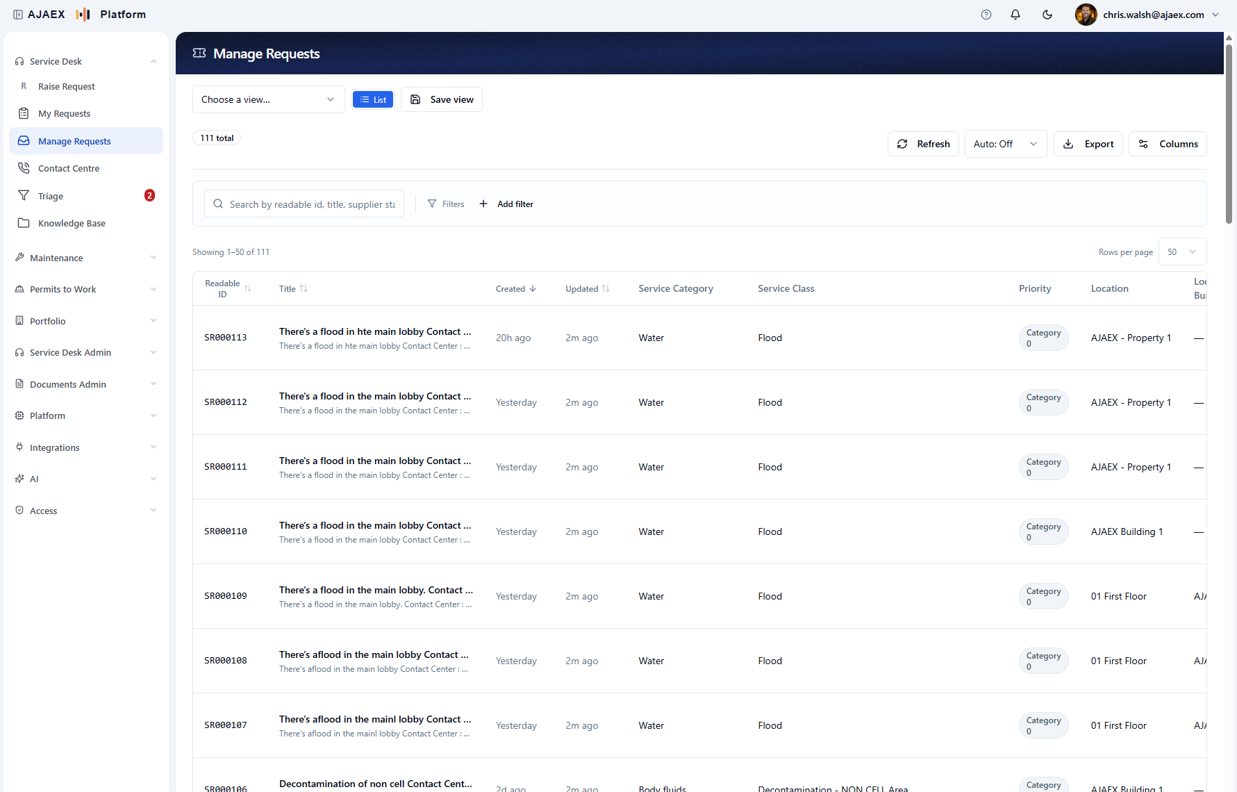 AJAEX service desk, Manage Requests: logged service requests with readable ID, title, created and updated times, service category and class, priority, and location